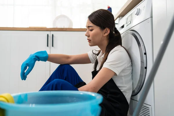 Asian Young Housewife Feeling Exhausted Doing Housework Home Attractive Woman — Zdjęcie stockowe