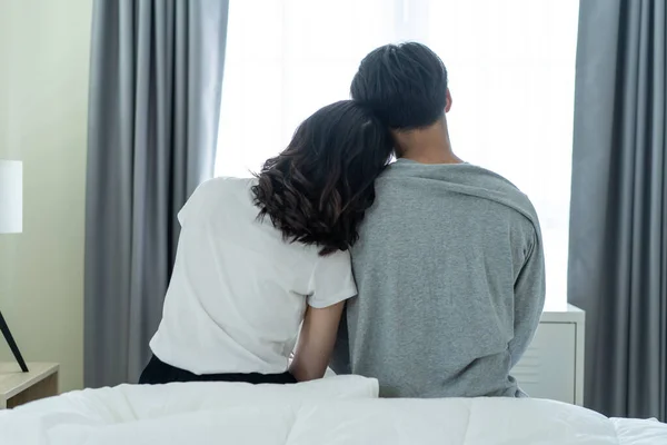 Rear View Asian Couple Sitting Together Wakeup Morning Attractive New — Fotografie, imagine de stoc