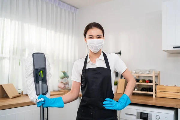 Portrait Asian Young Cleaning Service Woman Worker Working House Beautiful — Foto de Stock