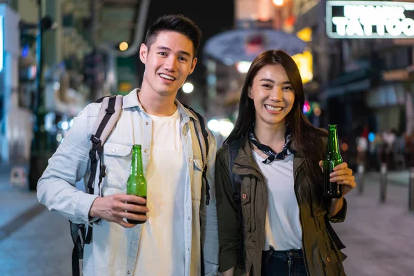 Portrait Asian Attractive Couple Having Party Street Together Young Man — Fotografia de Stock