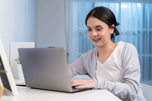 Asian Young Woman Study Virtual Online Work Living Room Home —  Fotos de Stock