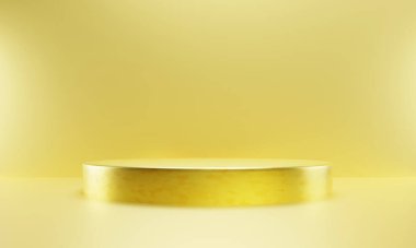 3D görüntüleme. Altın ürün arkaplan standı ya da podyum kaidesi reklam ekranında boş arkaplan ile. Boşluğu kopyala