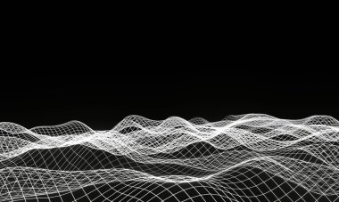 Koyu arkaplandaki parçacıkların 3 boyutlu çizimi. Teknoloji arka planı. Siyah arkaplan üzerindeki üç boyutlu kablo şeması..