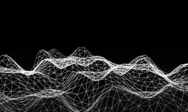 Koyu arkaplandaki parçacıkların 3 boyutlu çizimi. Teknoloji arka planı. Siyah arkaplan üzerindeki üç boyutlu kablo şeması..