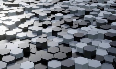 Üç boyutlu resimleme: Beyaz ve siyah geometrik altıgen soyut arkaplan. Duvar kağıtlarının dokusu için desen. Farklı yükseklikte arkaplan ışığı bal peteği.