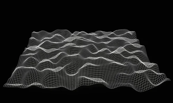 3D illustration Wave of particles on dark background. Technology backdrop.Abstract 3d wireframe landscape grid  on black background.