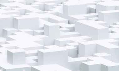 Üç boyutlu illüstrasyon. Soyut gri ve beyaz kare desenli. Beyaz Küpler Arkaplanı. Katmanlar halinde dizilmiş grafiksel materyal
