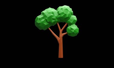 3B illüstrasyon ağacı yeşil düşük polimerli ya da stilize edilmiş geometrik formlar düşük poli resimler.