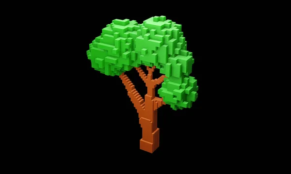 3D illustration. Tree 8 bit. Isolated black background. 3d game cartoon tree.Pixel art game background with trees.