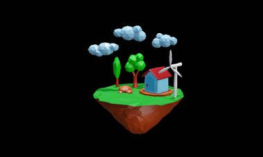 3D illustration Little beautiful planet-island floating in the sky. Ecology Concept. Low Poly Island with Windmills, Trees and Grass . 3d Rendering
