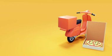 Pizza teslimatı scooter ve pizza kutusu. 3d hazırlayıcı
