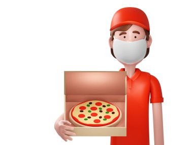 Pizza teslimatı kuryesi, maskeli. Kutuyu pizzayla birlikte tutuyor.
