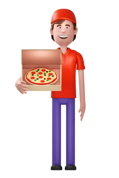 Pizza Futár Piros Egyenruhában Tartja Dobozt Pizza Render — Stock Fotó