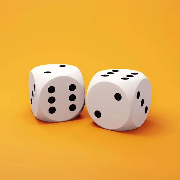 两个白色骰子在橙色背景下的特写 3D渲染 — 图库照片