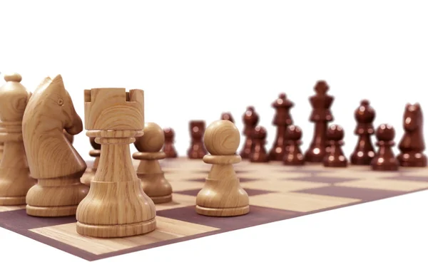 Две Шахматные Команды Одна Перед Другой Шахматной Доске Рендеринг — стоковое фото