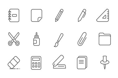 Kırtasiye simgesi seti, vektör illüstrasyonu