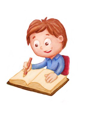 Masasına yazı yazan küçük bir çocuğun resmi..