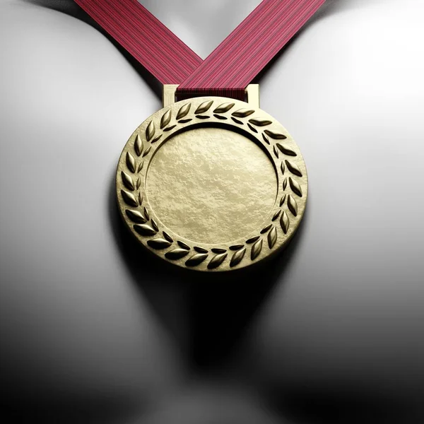 Medalha Ouro Prémio Vencedor Pendurado Com Fita Vermelha Peito Atleta — Fotografia de Stock