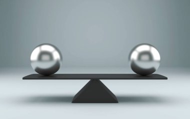 Equal spheres balancing on a seesaw 3d illustration