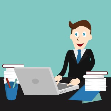 iş adamı onun laptop iyi feeling.book kağıt kalem Kupası ile çalışma