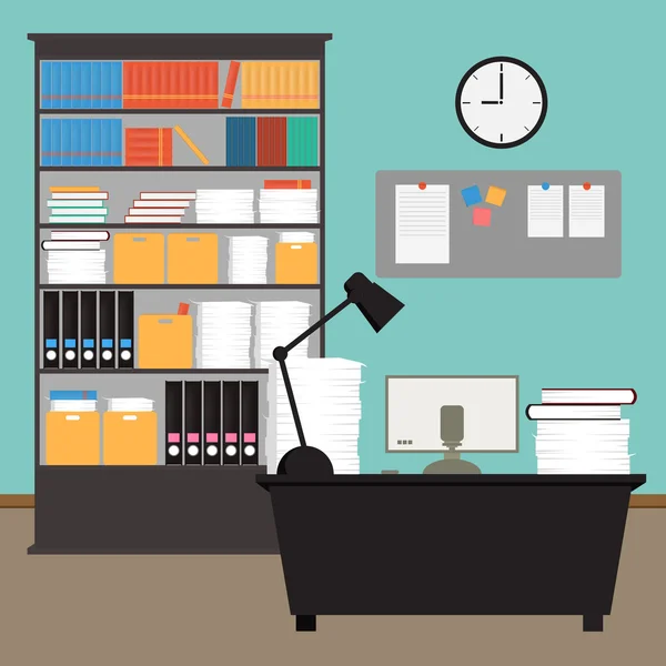 Vector Oficina room.interior, libros, escritorio, reloj, ordenador, papel — Vector de stock