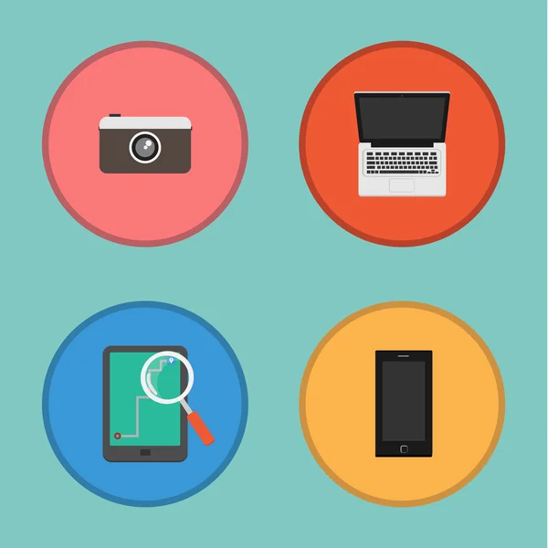 Conjunto de iconos del vector del dispositivo.Cuaderno, cámara, tableta, smartphone — Archivo Imágenes Vectoriales