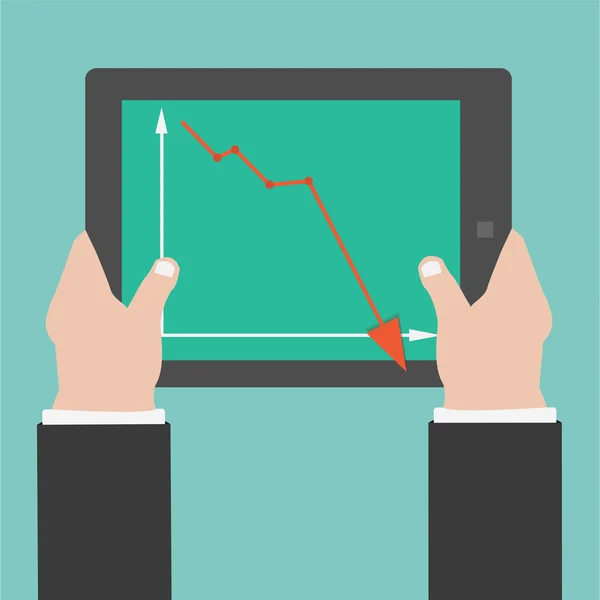 Vektor Hände halten Tablette mit Graph nach unten auf dem Bildschirm — Stockvektor