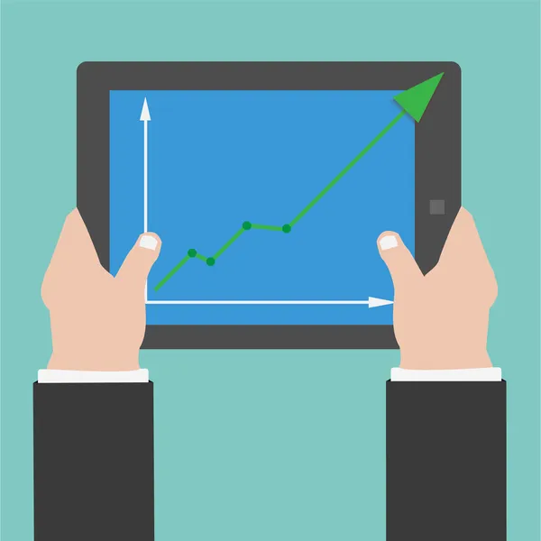 Las manos vectoriales sosteniendo la tableta con gráfico están subiendo en la pantalla — Vector de stock