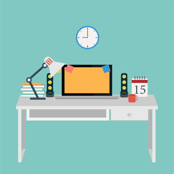 Vector del sistema de la oficina para el trabajo .computer, libro, café, escritorio, reloj — Archivo Imágenes Vectoriales