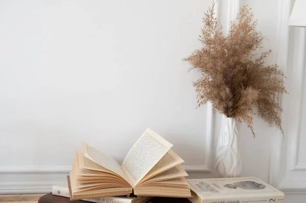 Lätt inredning med böcker på bordet och pampas gräs i en vas. Stilleben. Mysig estetisk bakgrund. Stockbild