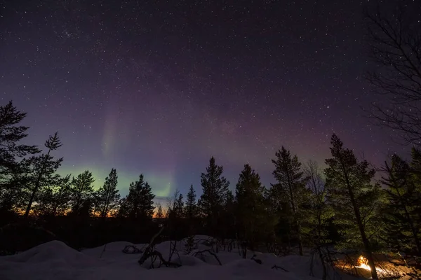 Finlandiya 'nın Inari tepelerindeki ormanın üzerinde kuzey ışıklarının görüntüsü. Ön planda bir adam kamp ateşi yakıyor..