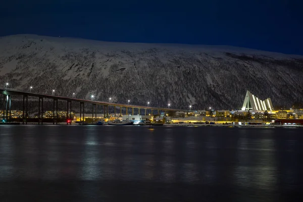 Night Time View Tromsdalen Illuminated Arctic Cathedral Troms Winter — Φωτογραφία Αρχείου