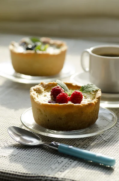 Twee mini berry taartjes met kop koffie — Stockfoto