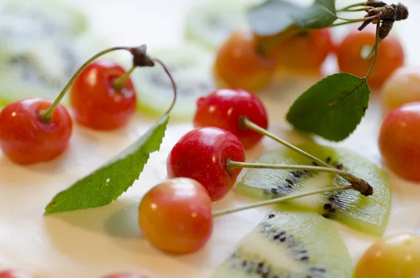 Bird-cherry flour cake with cherries, strawberries and kiwi. Macro — Stock Photo, Image