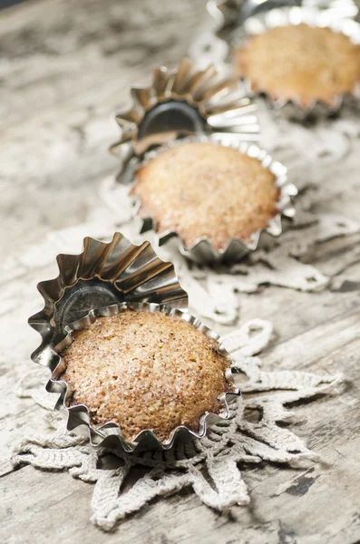 Pumpkin muffins aluminum baking dish on old table — Stock Photo, Image