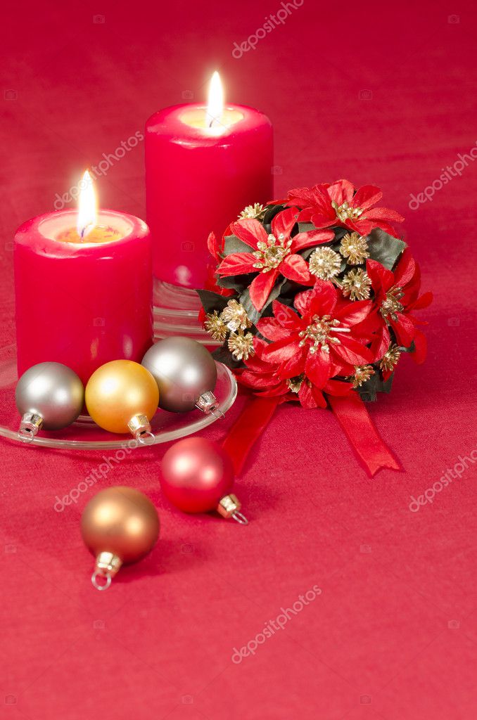 Christmas Decoration With Candles Ribbons And Cookies Stock