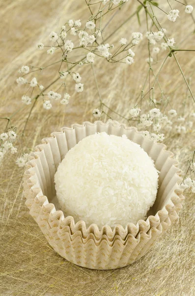 Weiße, runde Kokosschokolade schwitzt auf goldenem Hintergrund mit Blume — Stockfoto