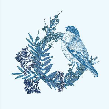 Elle çizilmiş kış çiçeği çelengi, kuş, yaban mersini, dallar, kabartma şeklinde yapraklar. Klasik kapı dekoru Düğün grafik çerçevesi Merhaba, sonbahar. Şükran Günü Retro Vektörü