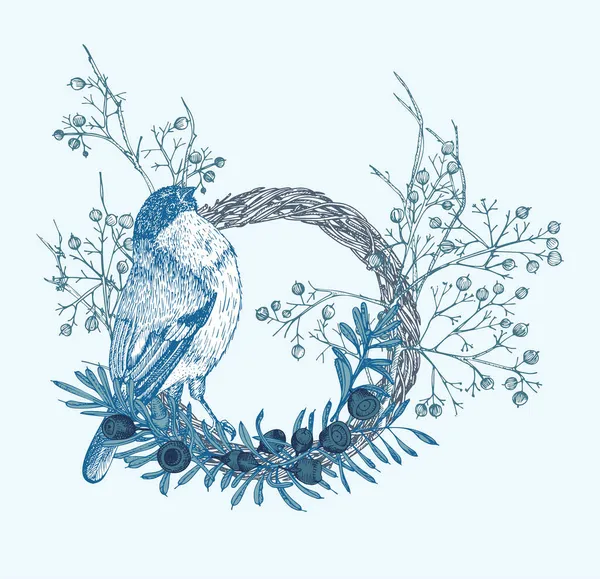 Намальований вручну ескіз зимового флористичного вінка з птахом, ягідними деревами, гілками, листям в стилі гравіювання. Вінтажний декор дверей Весільна графічна рамка Привіт, осінь. подяки ретро Вектор — стоковий вектор