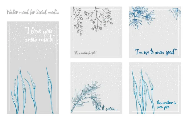 Desenho à mão Plantas de Natal post de mídia social com pinhas, bagas, ramos, folhas em estilo gravura. Borda herbal vintage Xmas decoração retro Gráfico do casamento Olá, inverno. Vetor — Vetor de Stock