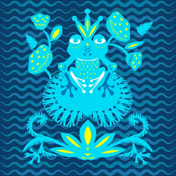 Laleler ve yapraklarla dolu bir gölette taçlı sarı mavi kurbağa. Dekor deseni. Kağıt düz kesilmiş. Kumaş dekorasyonu. Elbise baskısı. Tekstil tasarımı. Elle çizilmiş sevimli bir karakter. Vektör — Stok Vektör