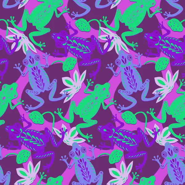 Ranas verdes violetas en un estanque con lirios y hojas. Patrón sin costuras. Corte de papel estilo plano. Decoración de tela. Impresión para ropa. Diseño textil. Dibujado a mano lindo personaje. Vector — Archivo Imágenes Vectoriales