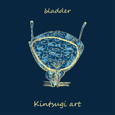 Porselen sidik torbası mavi bitki desenli Kintsugi sanat tarzıyla süslenmiş altın kraker. Modern yükselen ekolojik trend. Moda tişörtü, kumaş, yapıştırma kitabı, çıkartma taşıyıcısı için iyi tasarım