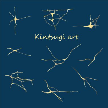 Koyu mavi arka planda bir dizi altın çatlamış doku. Kintsugi Japon sanat tarzı. Çevre trendini yükseltiyorum. Grunge altın craquelure seramiği modern tekstil dekorunu etkiler. Vektör