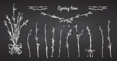 Pussy Willow branches set. Spring bouquet with ribbon bow. Chalk Hand-drawn sketch black and white design isolated on chalkboard background. Outline Sunday Easter symbol collection. Vector