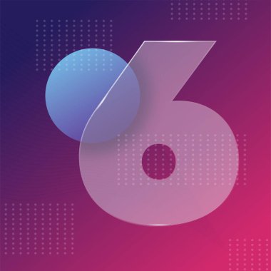 Cam morfizm etkisi. Mor mavi gradyan arka planda 6 numaralı şeffaf buzlu akrilik şekil. Gerçekçi cam morfizm pleksiglas dikdörtgen şekiller. Fütürist tarzı pankart. Vektör