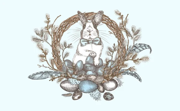 Bunny, pussy willow branches and Easter eggs wreath. Birds Feathers. Engraved vintage style. Greeting card. Line art happy rabbit Decoration design. Holiday folkstyle banner. Vector. — Stok Vektör