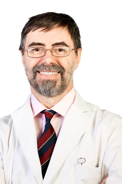 Closeup portrait of happy middle-aged dentist on a white backgro — Stock Photo, Image