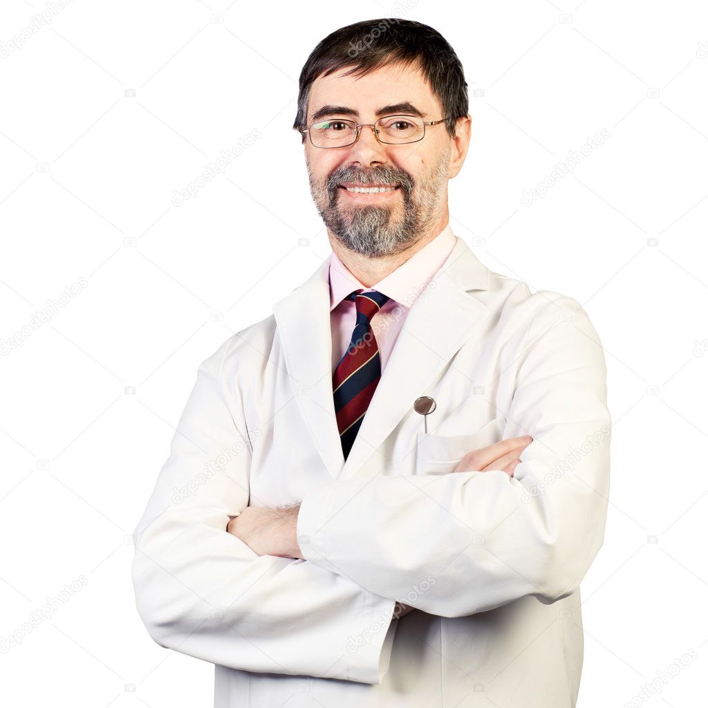 Portrait of happy middle-aged dentist on a white background, wea