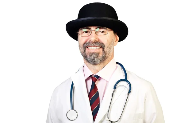 Portrait of happy middle-aged doctor in a hat with stethoscope. — Stock Photo, Image